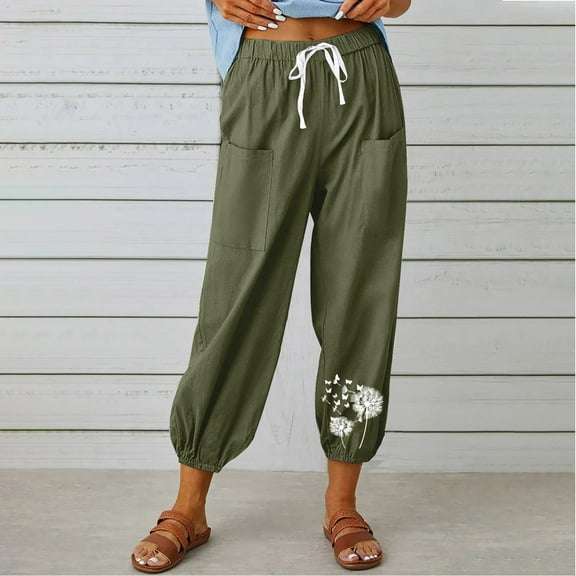 QUINDOS Women's Pants Taper High Waisted Ankle Length Activewear Sweatpants Cotton Linen Print Athletic Fit Pants with Pockets