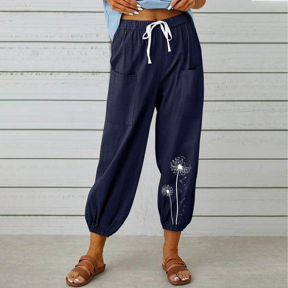 QUINDOS Women's Plus Size Pants Taper High Waisted Ankle Length Activewear Sweatpants Cotton Linen Print Athletic Fit Pants with Pockets