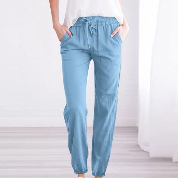 QUINDOS Women's Plus Size Pants Taper Long High Waisted Casual Pants Cotton Linen Pull on Loose Trousers with Pockets