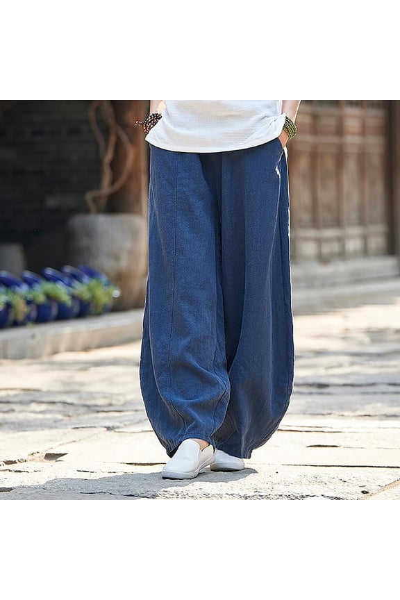 Women's Plus Size Pants Wide Leg High Waisted Long Casual Trousers Cotton Linen Pull on Loose Pants
