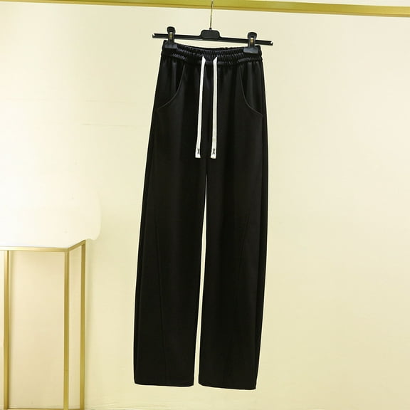 QUINDOS Women's Plus Size Pants Wide Leg Long High Waisted Casual Pants Cotton Drawstring Loose Trousers with Pockets