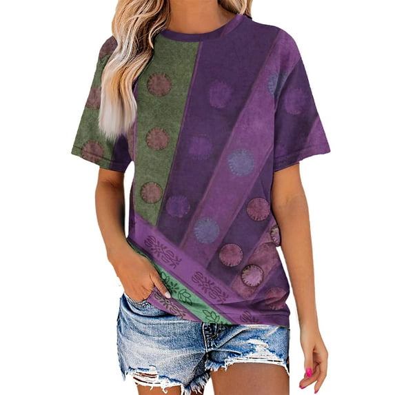 QUINDOS Women's T Shirt Polka Dot Summer Short Sleeve Purple Womens Plus Size Tops Vintage Walk Crew Neck Tops