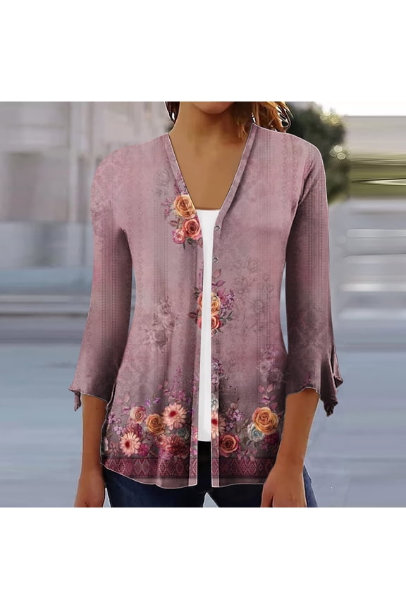 Womens Cardigan Lightweight,Fashion Woman 3/4Sleeve T-Shirt Open Front Cardigan Outerwear Printing Blouse Coat Tops