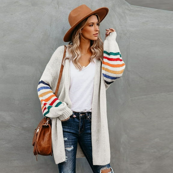 QUINDOS Womens Cardigan Sweaters Winter Women's Large Size Loose Striped Color Block Cardigan Sweater Top