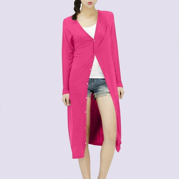 QUINDOS Womens Cardigan Sweaters Women's Solid Color Pocket Long Sleeved Ultra Long Thin Cardigan Jacket Cardigan