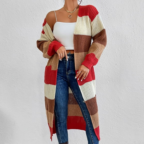 QUINDOS Womens Cardigan Sweaters with Pockets,Women's Winter Casual Striped Extended Cardigan Knitted Long-sleeved Top