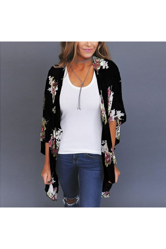 Womens Cardigans Women Chiffon Loose Shawl Print Kimono Cardigan Tops Cover Up Blouse Beachwear