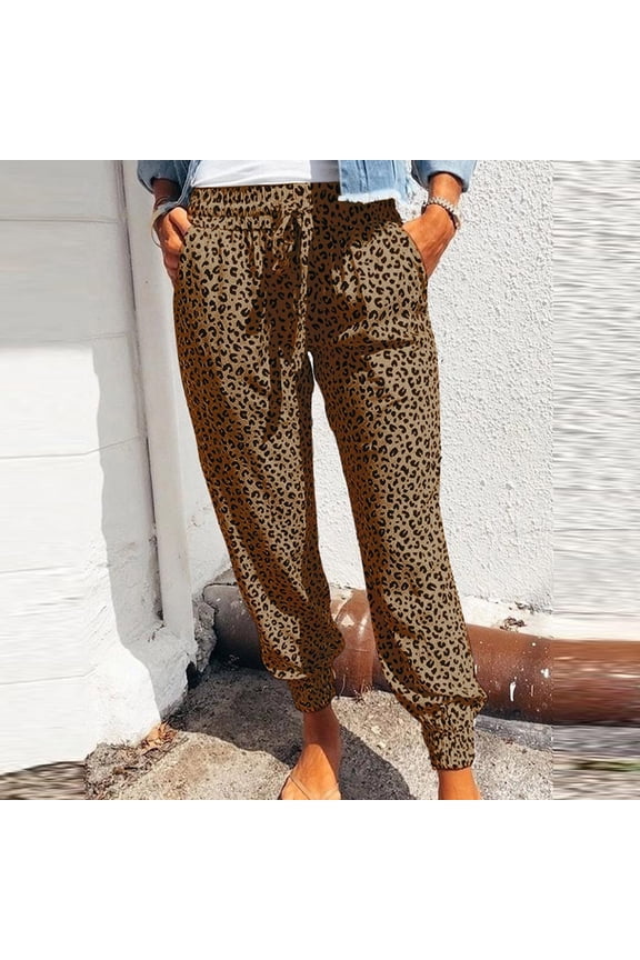Womens Comfy Pants Taper High Waisted Ankle Length Athletic Sweatpants Leopard Loose Pants with Pockets