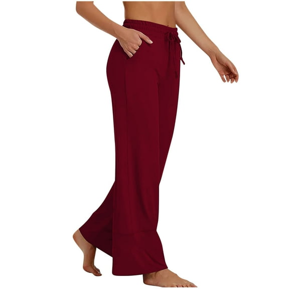 QUINDOS Womens Comfy Pants Wide Leg Full Length High Waisted Casual Pants Drawstring Loose Trousers with Pockets
