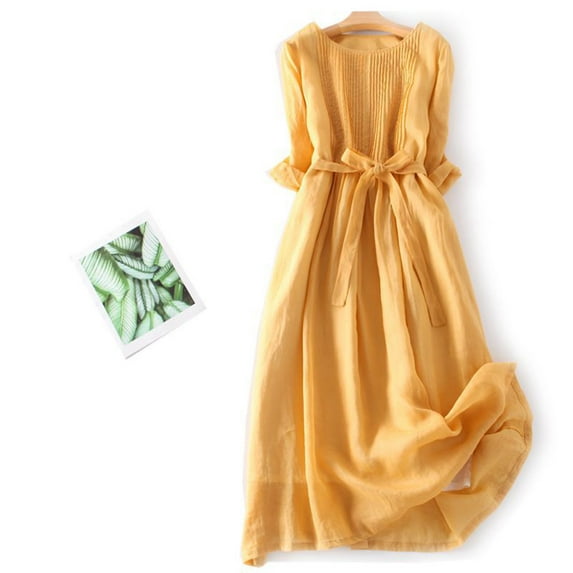 QUINDOS Womens Dresses 2025 3/4 Sleeve Casual Crew Neck Sundress Plus Size Dresses Summer Cotton Linen Solid Color Vintage Midi Long Womens Dresses