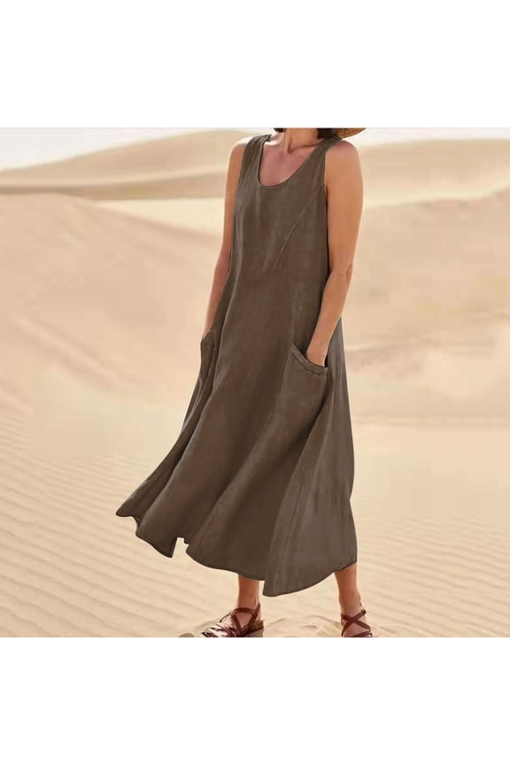 Womens Dresses 2025 Beach Crew Neck Sleeveless Sundress Sun Dresses Summer Tank Cotton Linen Solid Color Mid Length Midi Womens Dresses