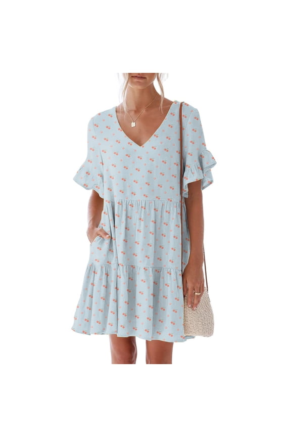 Womens Dresses 2025 Beach Short Sleeve V-neck Sundress Sun Dresses Summer Polka Dot Ruffled Pockets Mini Knee Length Womens Dresses