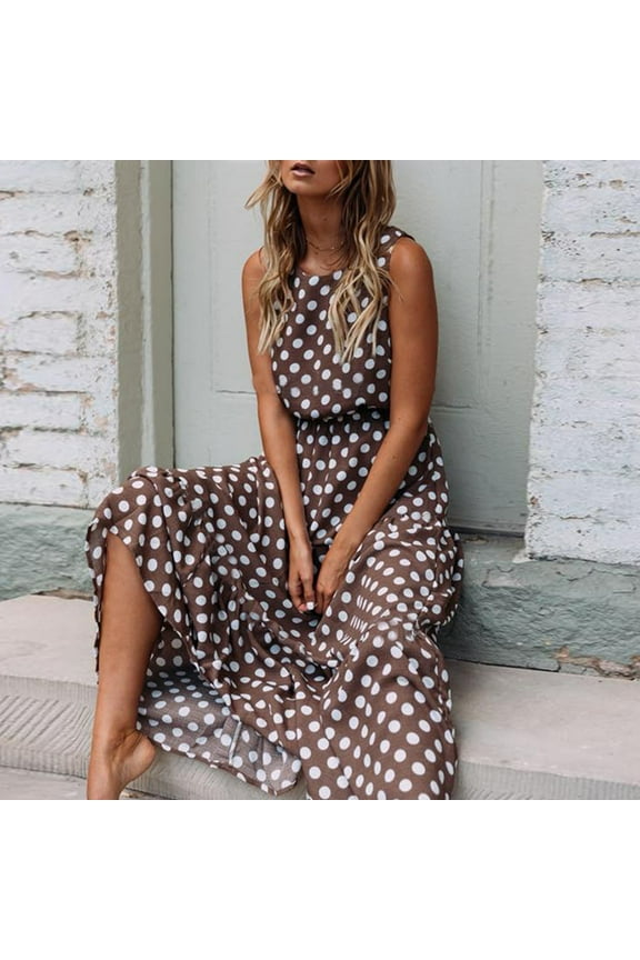 Womens Dresses 2025 Crew Neck Sleeveless Casual Sundress Sun Dresses Summer Tank Polka Dot Long Midi Womens Dresses