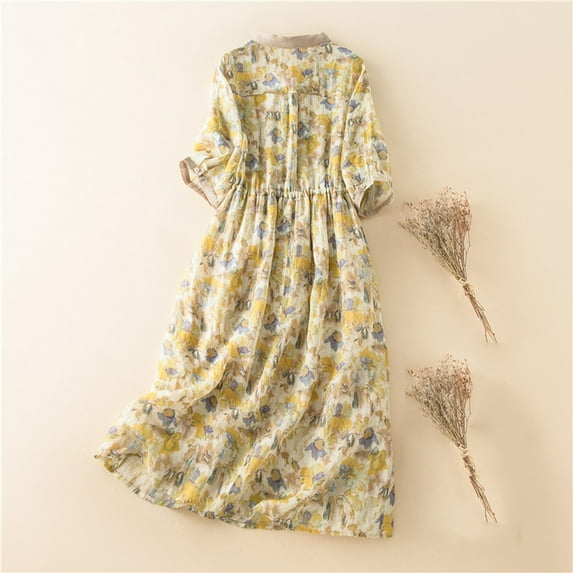 QUINDOS Womens Dresses 2025 Crew Neck Sundress Casual 3/4 Sleeve Plus Size Dresses Summer Print Vintage Cotton Linen Long Midi Womens Dresses