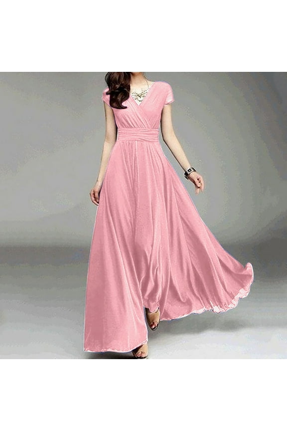 Womens Dresses 2025 Evening Gown Short Sleeve V-neck Formal Evening Dress Summer Wrap Chiffon Solid Color Maxi Long Womens Dresses
