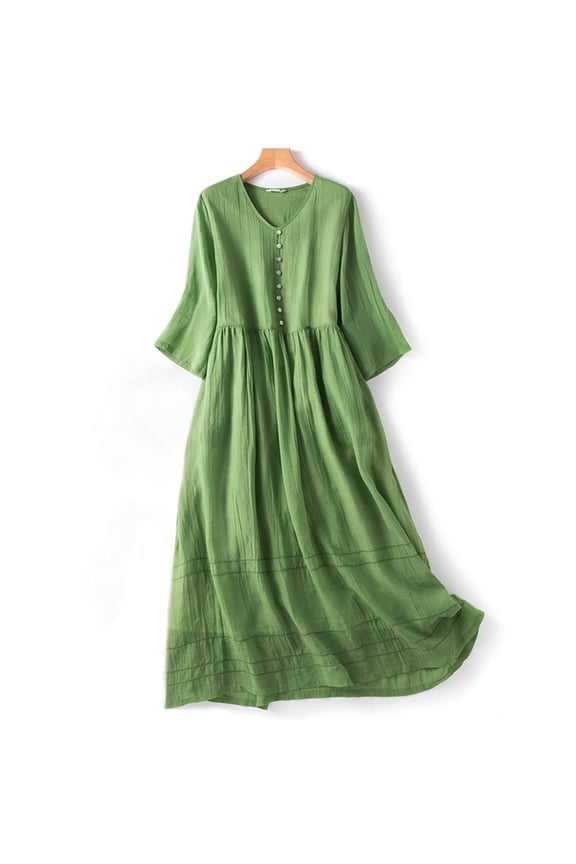 Womens Dresses 2025 Shirt Dress 3/4 Sleeve Casual V-neck Sun Dresses Summer Button Down Cottn Linen Solid Color Mid Length Midi Womens Dresses