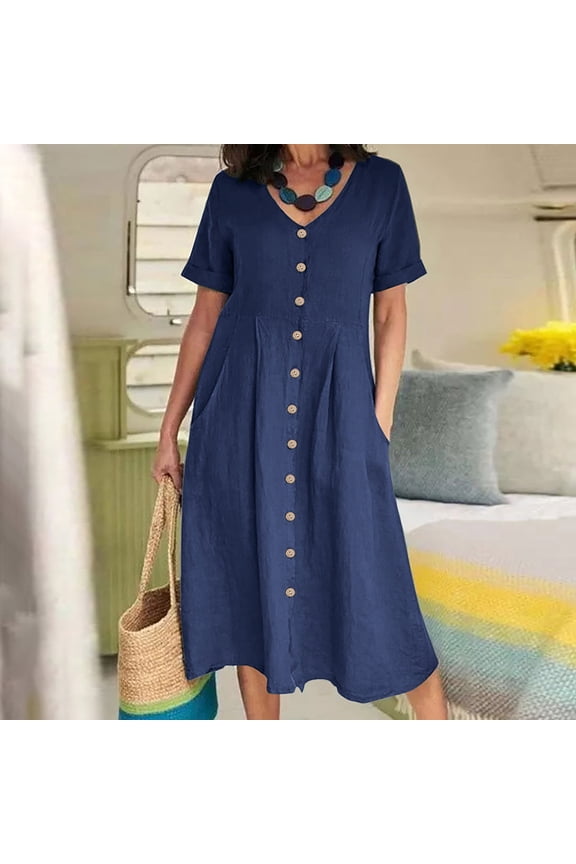 Womens Dresses 2025 Shirt Dress V-neck Beach Short Sleeve Sun Dresses Summer Button Down Solid Color Cotton Linen Long Midi Womens Dresses