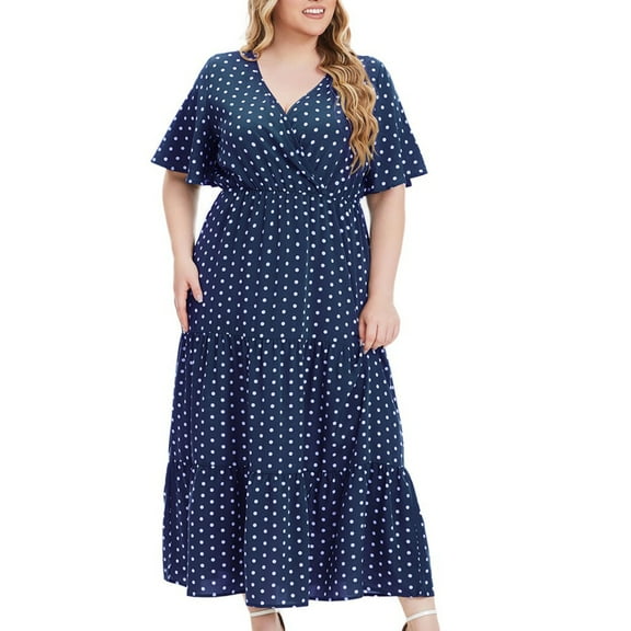 QUINDOS Womens Dresses 2025 Short Sleeve Crew Neck Casual A-Line Plus Size Dresses Summer Slim Wrap Polka Dot Long Midi Womens Dresses
