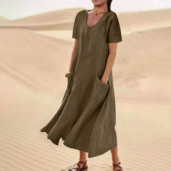 QUINDOS Womens Dresses 2025 Short Sleeve Crew Neck Casual Sundress Sun Dresses Summer Solid Color Cotton Linen Pockets Long Midi Womens Dresses