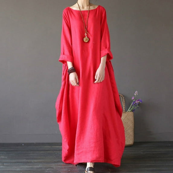 QUINDOS Womens Dresses 2025 Square Neck 3/4 Sleeve Sundress Casual Plus Size Dresses Summer Solid Color Cotton Linen Midi Long Womens Dresses