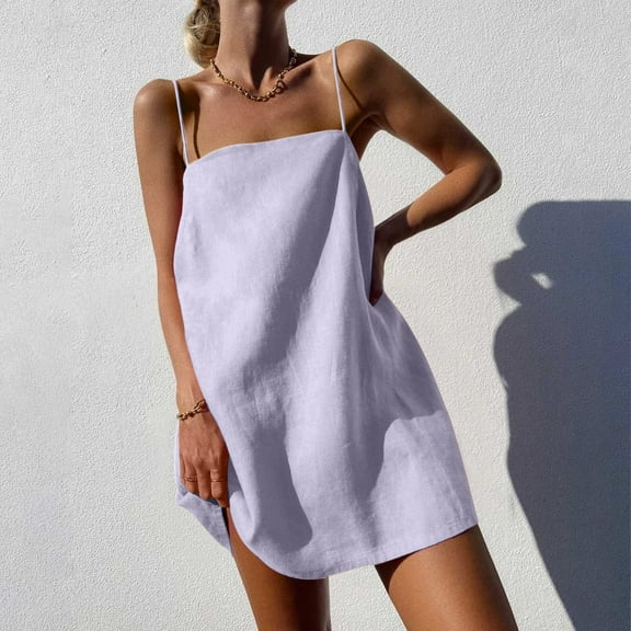 QUINDOS Womens Dresses 2025 Square Neck Beach Sundress Sleeveless Sun Dresses Summer Tank Cotton Linen Solid Color Short Mini Womens Dresses