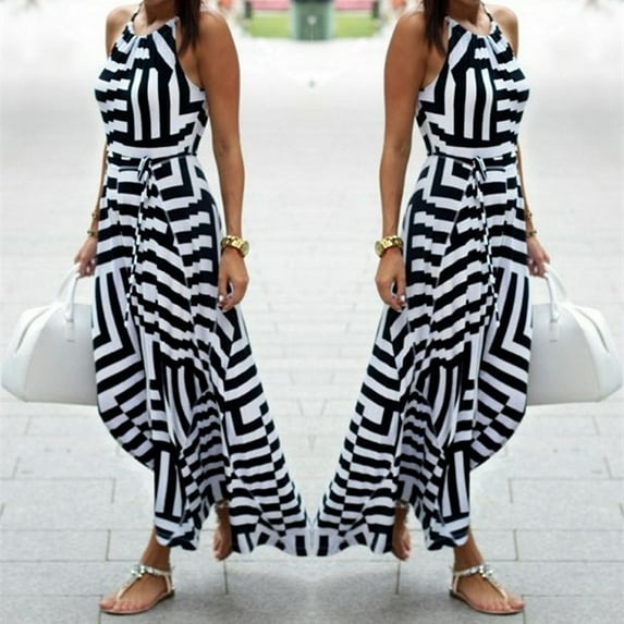 QUINDOS Womens Dresses 2025 Sundress Casual Sleeveless Crew Neck Plus Size Dresses Summer Flowy Striped Halter Maxi Long Womens Dresses