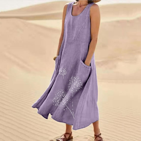 QUINDOS Womens Dresses 2025 Sundress Crew Neck Casual Sleeveless Sun Dresses Summer Print Cotton Linen Pockets Long Midi Womens Dresses