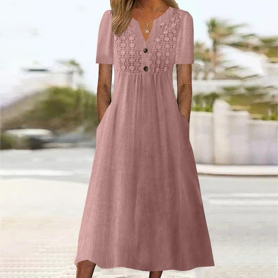 QUINDOS Womens Dresses 2025 V-neck Sundress Casual Short Sleeve Sun Dresses Summer Solid Color Loose Cotton Linen Mini Long Womens Dresses
