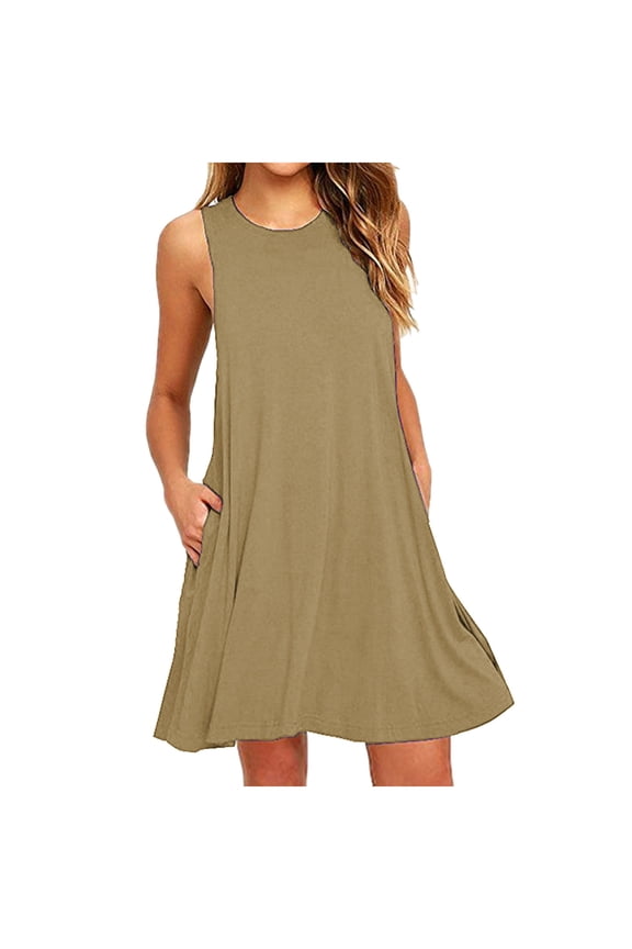 Womens Dresses Beach Crew Neck Sleeveless Sundress Sun Dresses Summer Pockets Solid Color Mini Short Womens Dresses