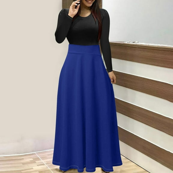 QUINDOS Womens Dresses Crew Neck Long Sleeve A-Line Beach Sun Dresses Summer Patchwork Slim Solid Color Maxi Floor Length Womens Dresses