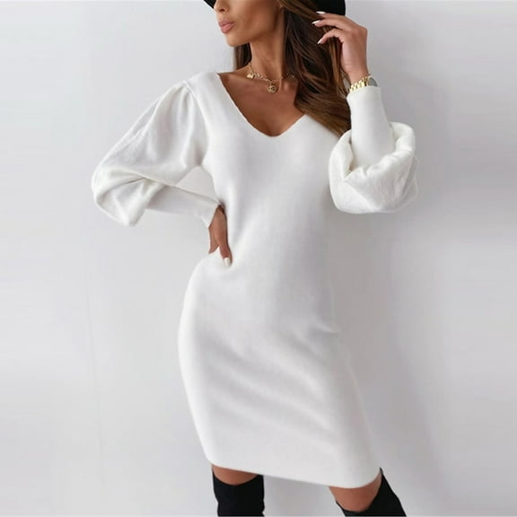 QUINDOS Womens Dresses Long Sleeve Formal V-neck Bodycon Evening Dress Summer Backless Solid Color Hip Wrap Mini Knee Length Womens Dresses