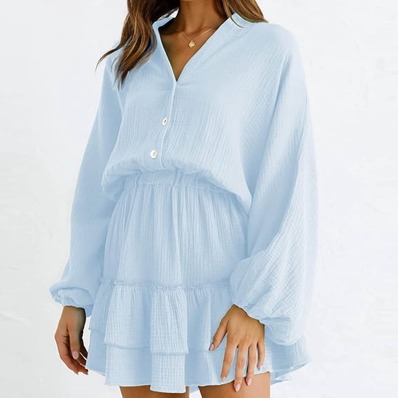 QUINDOS Womens Dresses Shirt Dress Casual Long Sleeve V-neck Sun Dresses Summer Lantern Sleeve Solid Color Button Down Knee High Mini Womens Dresses