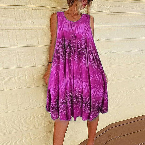 QUINDOS Womens Dresses Short Sleeve Casual Crew Neck Sundress Plus Size Dresses Summer Print Beach Tank Short Mini Womens Dresses