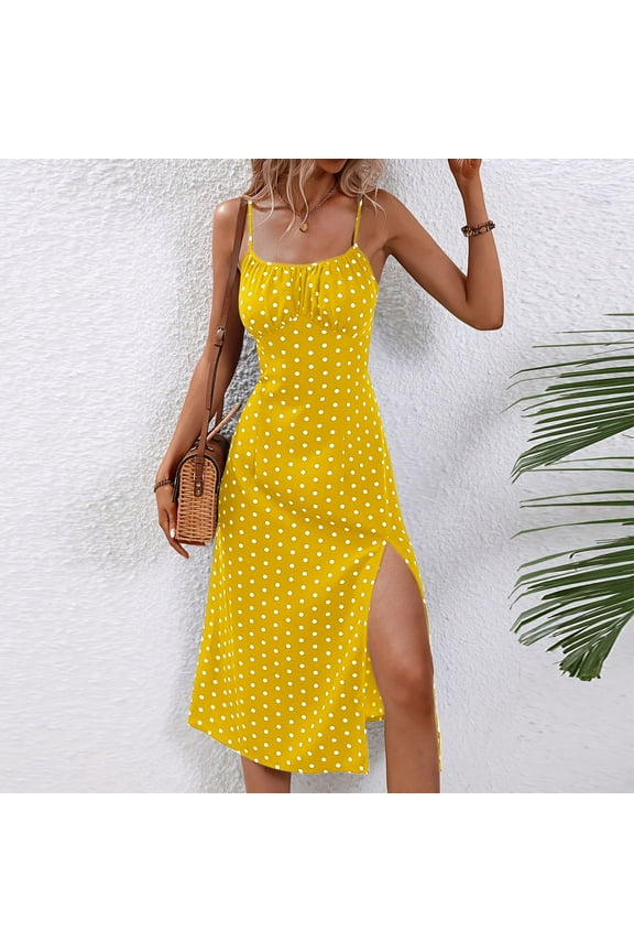 Womens Dresses Sleeveless Club Sundress Crew Neck Sun Dresses Summer Split Loose Polka Dot Knee Length Midi Womens Dresses
