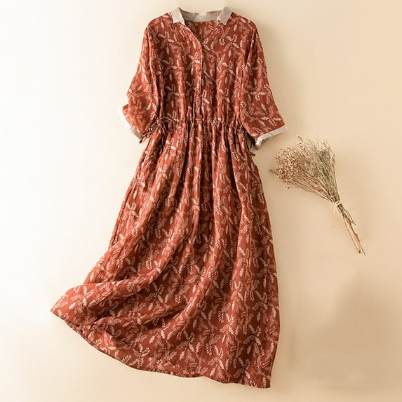 QUINDOS Womens Dresses Sundress 3/4 Sleeve Casual Crew Neck Plus Size Dresses Summer Print Cotton Linen Vintage Long Midi Womens Dresses