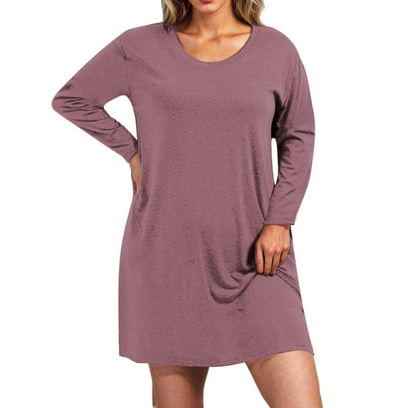 QUINDOS Womens Dresses Sundress Casual Long Sleeve Crew Neck Plus Size Dresses Summer Solid Color Above Knee Mini Womens Dresses
