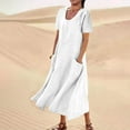 thumbnail image 1 of QUINDOS Womens Dresses Sundress Short Sleeve Casual Crew Neck Sun Dresses Summer Solid Color Pockets Cotton Linen Long Midi Womens Dresses, 1 of 6