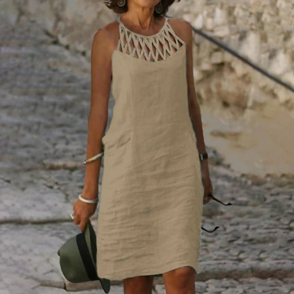 QUINDOS Womens Dresses Sundress Sleeveless Casual Crew Neck Sun Dresses Summer Solid Color Halterneck Cotton Linen Knee Length Mini Womens Dresses