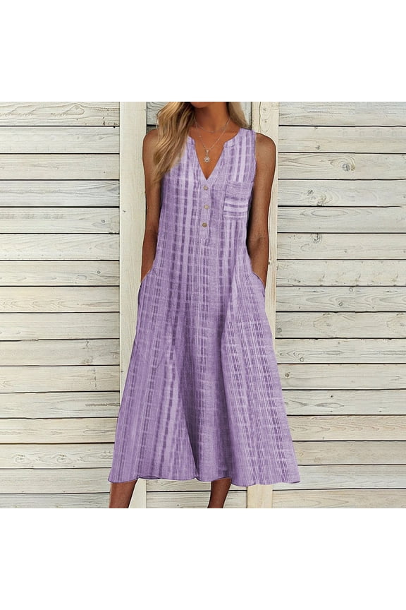 Womens Dresses Sundress V-neck Casual Sleeveless Sun Dresses Summer Button Striped Tank Long Midi Womens Dresses
