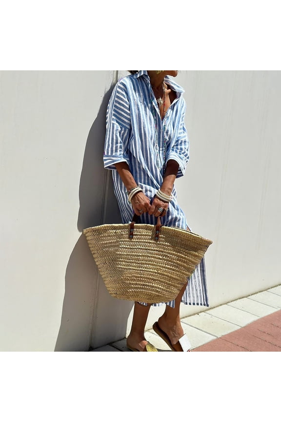 Womens Dresses V-neck Casual Shirt Dress Half Sleeve Sun Dresses Summer Striped Button Down Midi Long Womens Dresses