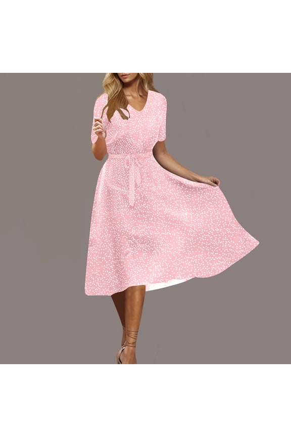 Womens Dresses V-neck Sundress Short Sleeve Beach Sun Dresses Summer Flowy Polka Dot Waist Tie Midi Knee Length Womens Dresses