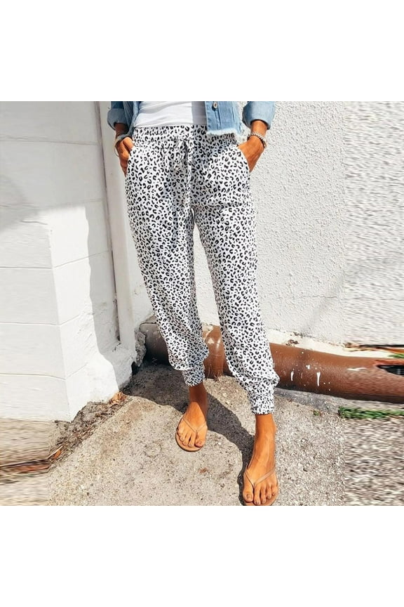 Womens Fall Fashion 2024 Pants Taper Ankle Length High Waisted Athletic Sweatpants Leopard Loose Pants with Pockets