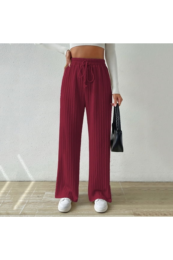 Womens Fall Fashion 2024 Pants Wide Leg High Waisted Long Casual Trousers Knit Drawstring Straight Fit Pants with Pockets