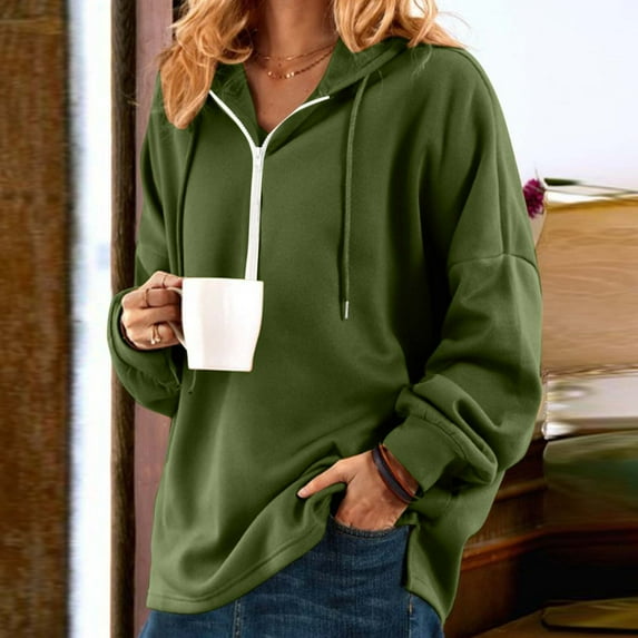 QUINDOS Womens Hoodie Zip up Quarter Zip Womens's Sweatshirts Casual V-neck Long Sleeve Plain Drop Shoulder Pullover Tops