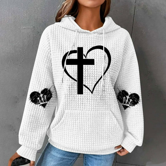 QUINDOS Womens Hoodies Waffle Knit Plus Size Womens Sweatshirts and Hoodies Casual Long Sleeve Graphic Crew Neck Pullover Tops