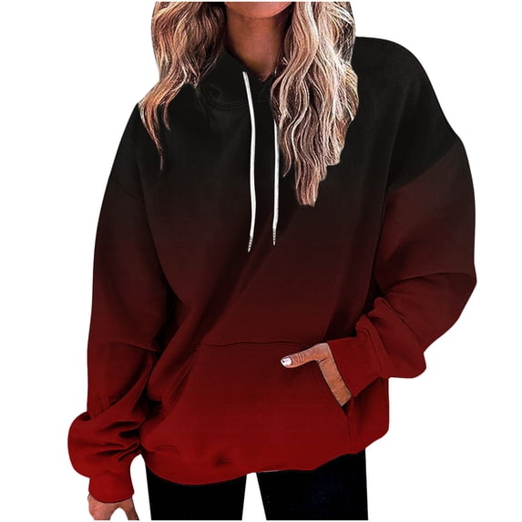 QUINDOS Womens Hoodies Plus Size Button Gradient Womens Sweatshirts Casual Long Sleeve Graphic Crew Neck Pullover Tops