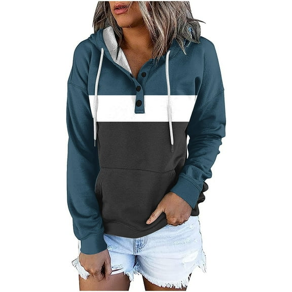 QUINDOS Womens Hoodies with Zippers Button Henley Patchwork Womens Sweatshirts Casual Long Sleeve Crew Neck Graphic Pullover Tops