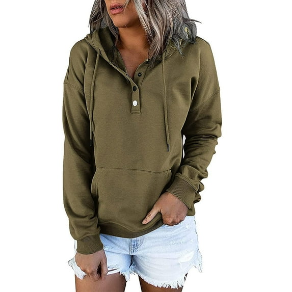QUINDOS Womens Hoodies with Zippers Button Sweatshirts for Women Plus Size Casual Long Sleeve Crew Neck Plain Pullover Tops