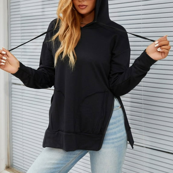 QUINDOS Womens Hoodies with Zippers Zip up Tunic Sweatshirts Women Casual Long Sleeve Crew Neck Plain Pullover Tops