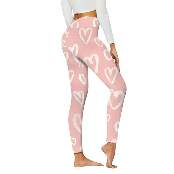 QUINDOS Womens Leggings Valentine's Day Full Length High Waist Heart Print Compression Yoga Pants
